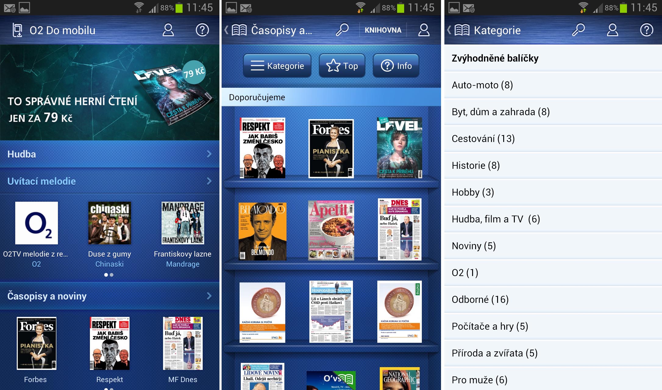Aplikace O2 Do mobilu, jejíž součástí je i nabídka novin a časopisů O2 Čtení