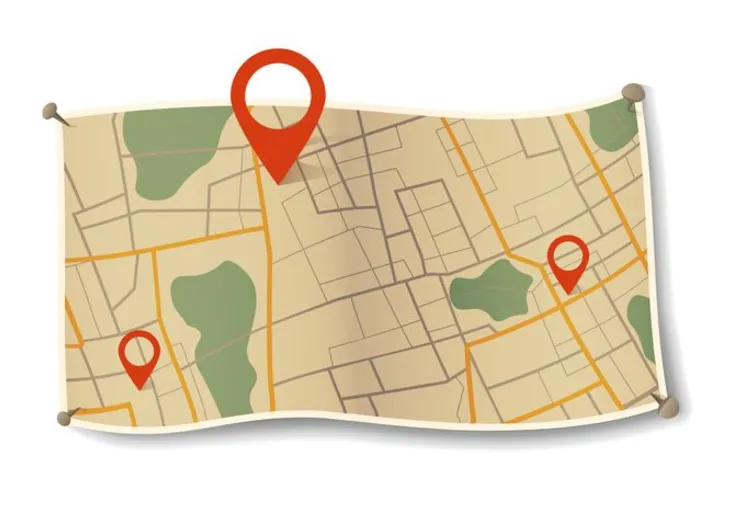 Abstract navigation plan of small urban area with pins. Generic city map. Simple scheme on paper with signs of streets, roads and parks. Vector illustration on white background
