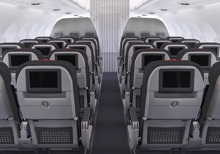 Kabina Airbusu A321 společnosti American Airlines s multimediálním systémem, wi-fi a USB konektory