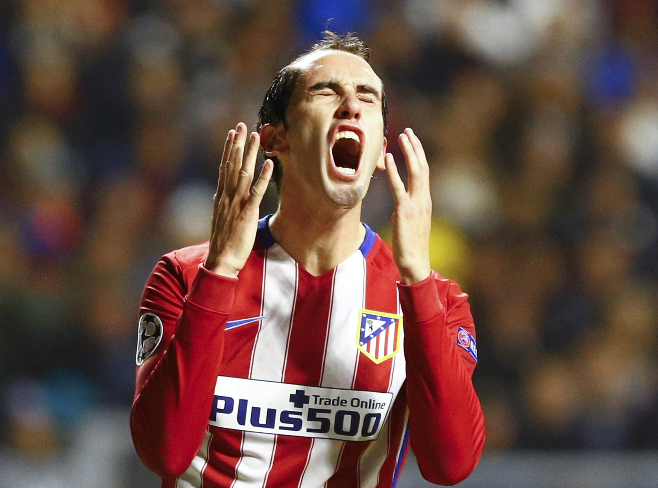 Atletico Madrid's Diego Godin reacts after a missed chance during the Champions League group C soccer match against Astana in Astana, Kazakhstan, November 3, 2015. REUTERS/Shamil Zhumatov