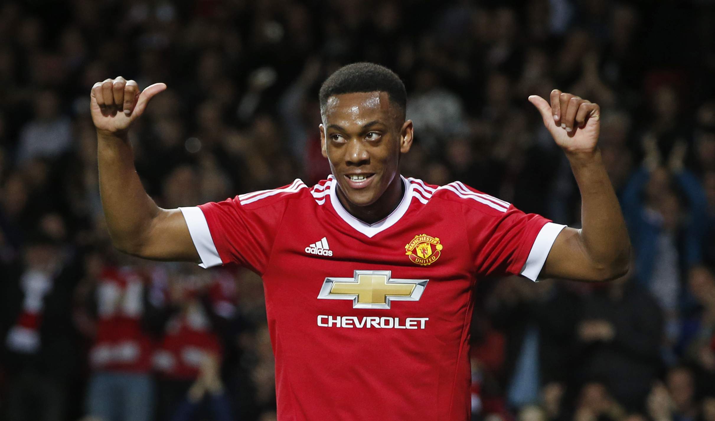 Football - Manchester United v Ipswich Town - Capital One Cup Third Round - Old Trafford - 23/9/15 Anthony Martial celebrates after scoring the third goal for Manchester United Reuters / Andrew Yates Livepic EDITORIAL USE ONLY. No use with unauthorized audio, video, data, fixture lists, club/league logos or "live" services. Online in-match use limited to 45 images, no video emulation. No use in betting, games or single club/league/player publications.  Please contact your account representative for further details.