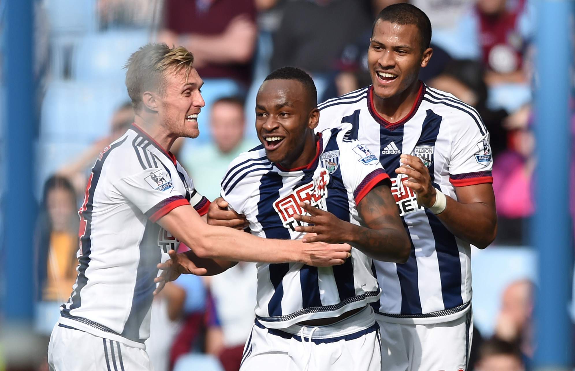 Football - Aston Villa v West Bromwich Albion - Barclays Premier League - Villa Park - 19/9/15 Saido Berahino (C) celebrates with team mates after scoring the first goal for West Brom Mandatory Credit: Action Images / Tony O'Brien Livepic EDITORIAL USE ONLY. No use with unauthorized audio, video, data, fixture lists, club/league logos or "live" services. Online in-match use limited to 45 images, no video emulation. No use in betting, games or single club/league/player publications.  Please contact your account representative for further details.