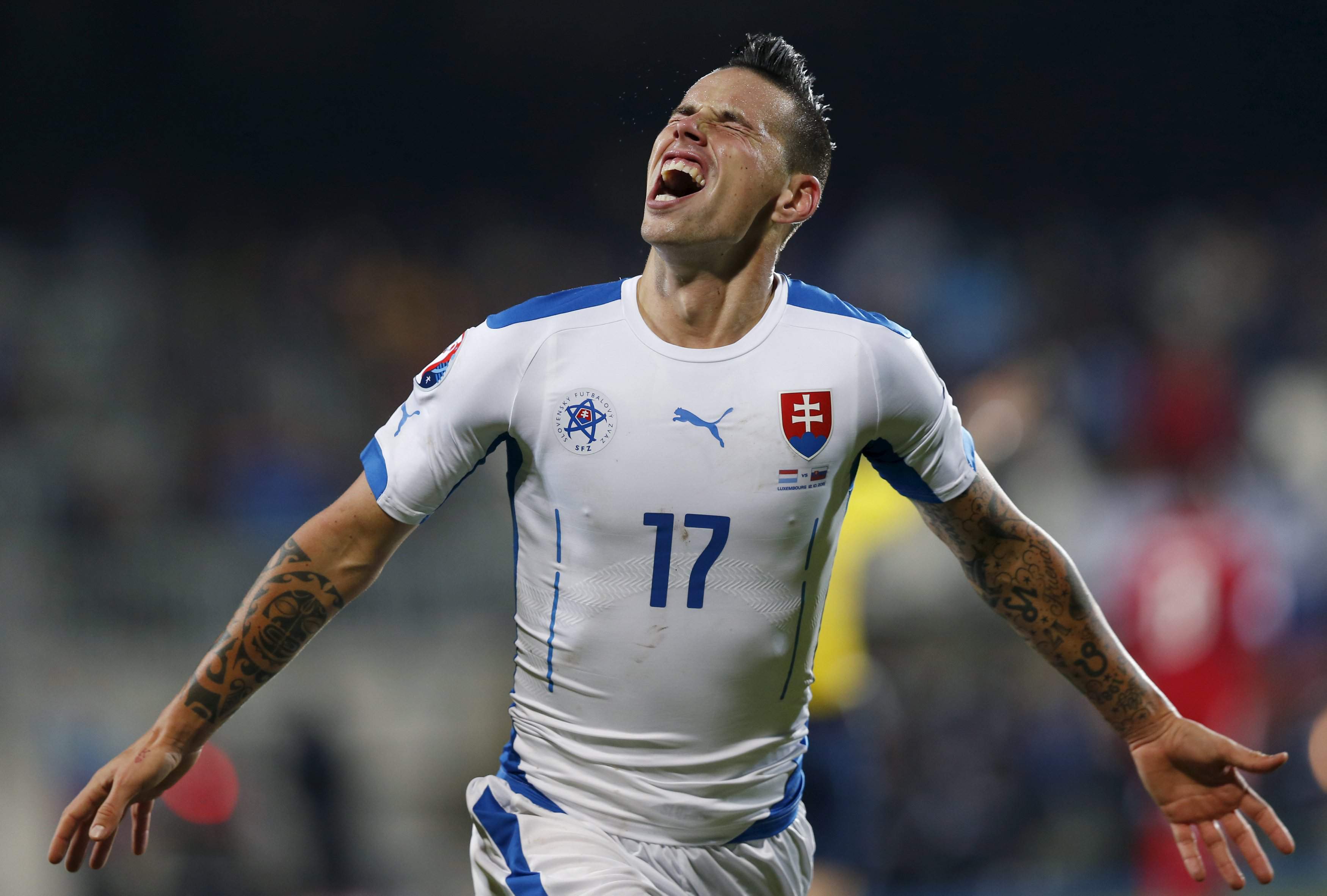 Slovakia's Marek Hamsik celebrates after scoring against Luxembourg during their Euro 2016 group C qualification match at the Josy Barthel stadium in Luxembourg, October 12, 2015. REUTERS/Francois Lenoir