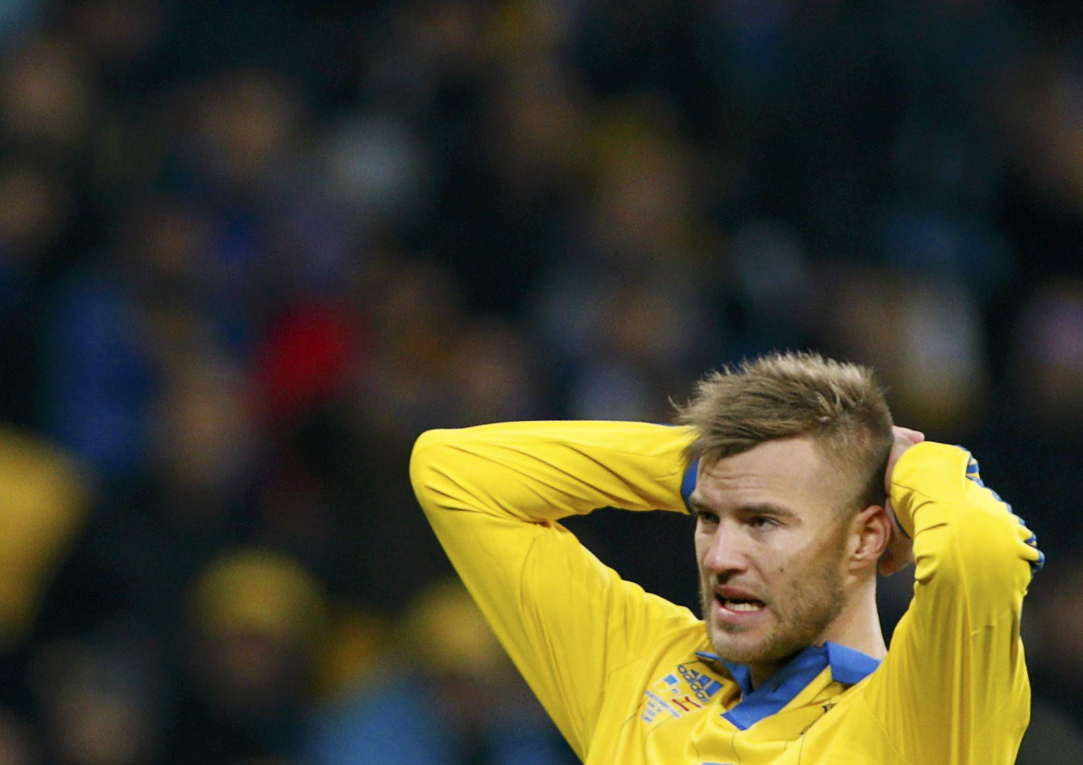 Ukraine's Andriy Yarmolenko reacts after a missed chance during the Euro 2016 group C qualifying soccer match against Spain at the Olympic stadium in Kiev, Ukraine, October 12, 2015. REUTERS/Valentyn Ogirenko