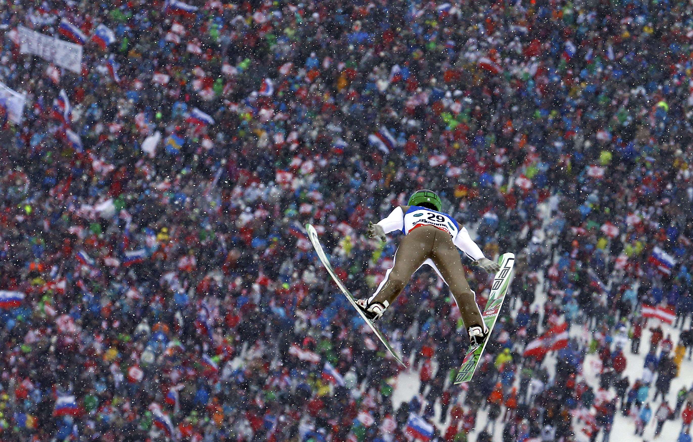 Peter Prevc of Slovenia performs a trial jump during the Ski Flying World Championships at Kulm hill in Bad Mitterndorf, Austria January 16, 2016.  REUTERS/Heinz-Peter Bader