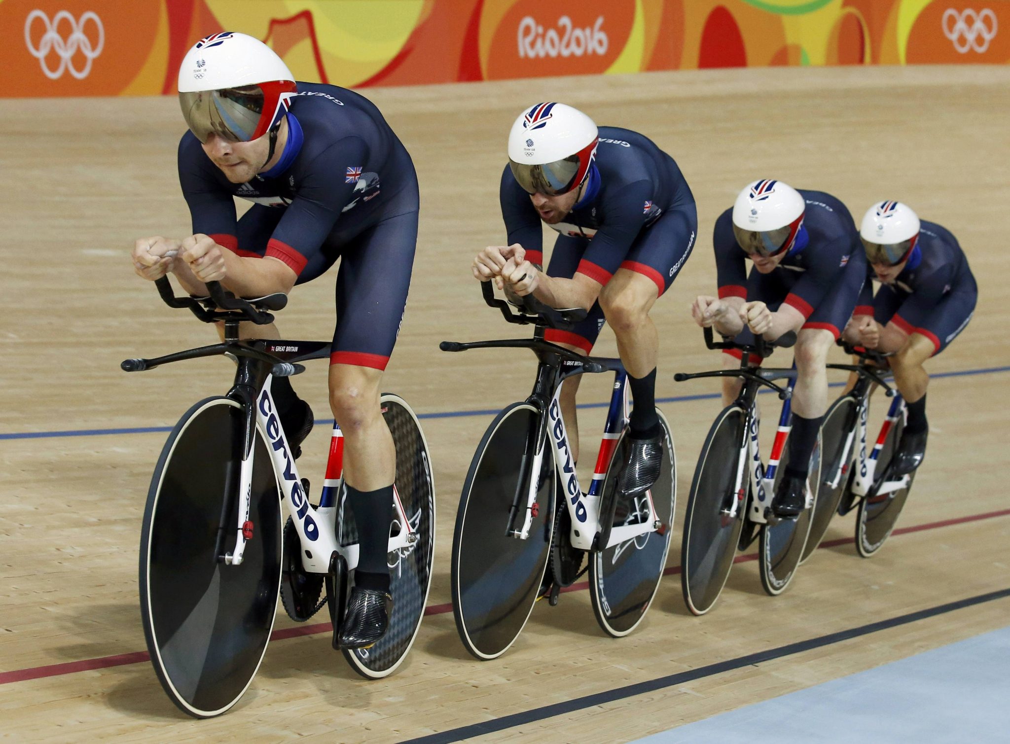 2016 Rio Olympics - Cycling Track - Final - Men's Team Pursuit Final Gold Race - Rio Olympic Velodrome - Rio de Janeiro, Brazil - 12/08/2016. Owain Doull (GBR) of Britain, Bradley Wiggins (GBR) of Britain, Ed Clancy (GBR) of Britain and Steven Burke (GBR) of Britain compete. REUTERSEric Gaillard FOR EDITORIAL USE ONLY. NOT FOR SALE FOR MARKETING OR ADVERTISING CAMPAIGNS.