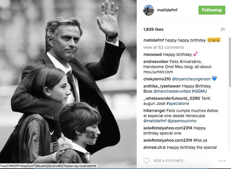 Matilde Mourinho popřála otci k narozeninám