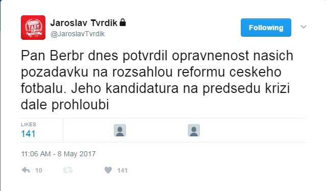 Jaroslav Tvrdík se na Twitteru ohradil proti výrokům Romana Berbra. Foto: Twitter